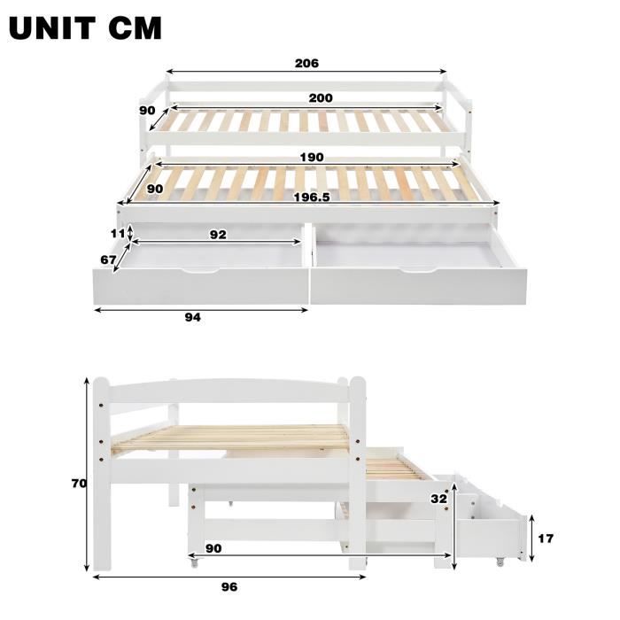 Lit gigogne avec 2 tiroirs, 200x90cm-190x90cm, cadre en bois massif, blanc  - Cdiscount Maison