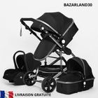 BAZARLAND30.Poussette 3 en 1 Bébé Combinée Siège-Auto Nacelle Réversible Réglable Haute Qualité Roues increvables Canne noir