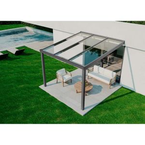 PERGOLA Abri de terrasse adossé Expert Terrando 3x2.5m en aluminium blanc avec toit en verre VSG de 8mm