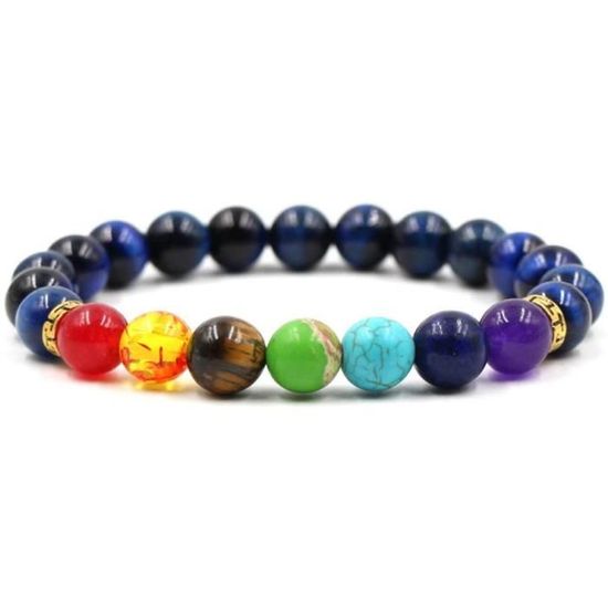 Bracelet Perles œil De Tigre Bleu & 7 Chakras - Sur Mesure Homme/femme - Fait Main En France