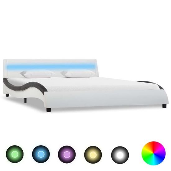 1662Maison® Lit Double Pour Adulte enfant Sommier à L Cadre de lit avec LED Blanc et noir Similicuir 160x200 cm