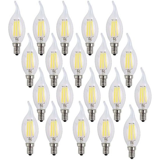 20 X E14 Forme Bougie LED 4W Filament Ampoule LED Lampe Blanc Froid 6500k Flame Tip Bright Lampe 400LM Pas dimmable  AC220-240V