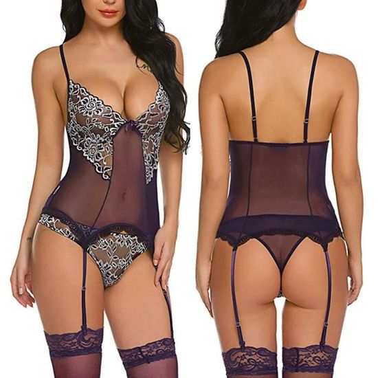 Ensemble Lingerie Sexy Dentelle & Corset - Femme - Avec Porte-jarretelles Réglables & Nœud Rose