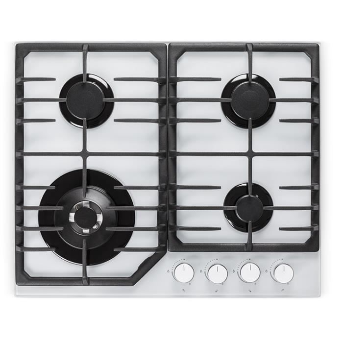 AMSTA - AMTG4FWW - Table de cuisson gaz - Verre trempé - 60 cm - 4 foyers - 8800 watts - Blanc