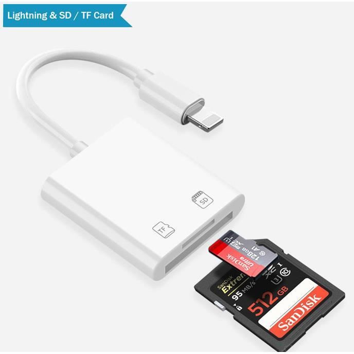 Lightning vers carte SD/TF Adaptateur de lecteur de caméra pour iPhone Xs/ X/ 8/ 7/iPad Air/mini(ios 9~ios 12)