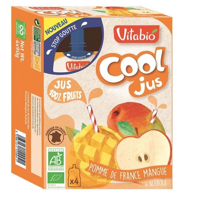 Cool Jus offre un cocktail de jus de fruit 100% à la pomme de France, mangue et acérola. S’emporte facilement partout.Jus pomme,
