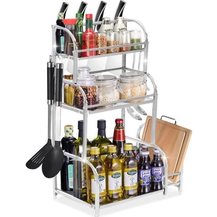 Étagère à Epice-3 Niveaux Avec Porte Planche découper Étagère de Cuisine 30cm Porte Épices Organisateur Multifonction