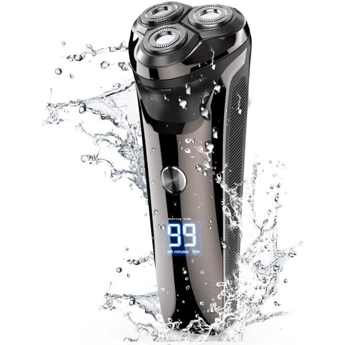Tondeuse à barbe rasoir électrique IPX7 étanche tête rotative 3D sèche et humide rechargeable avec affichage LED