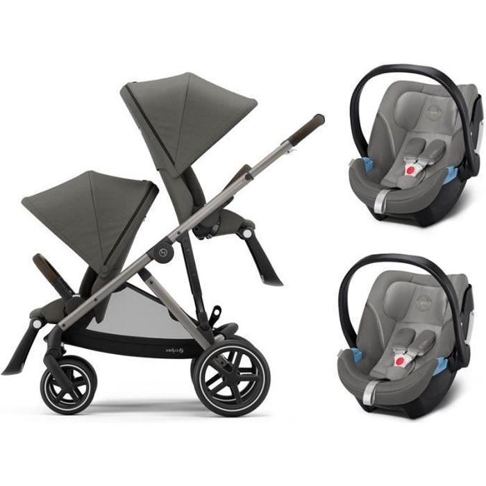 CYBEX Gazelle S Jumeaux - Poussette (6+) avec deux siège auto - Pliage compact - châssis argent - Gris