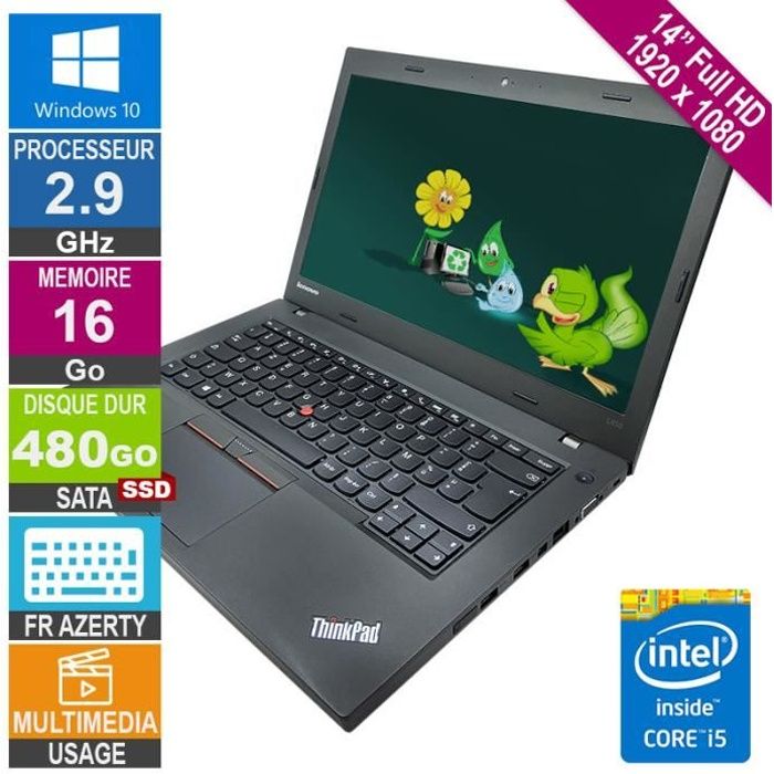 PC Portable Lenovo PC Portable 14" Lenovo L450 Core i5 2.9Ghz 16Go/480Go SSD Fhd W10 Azerty