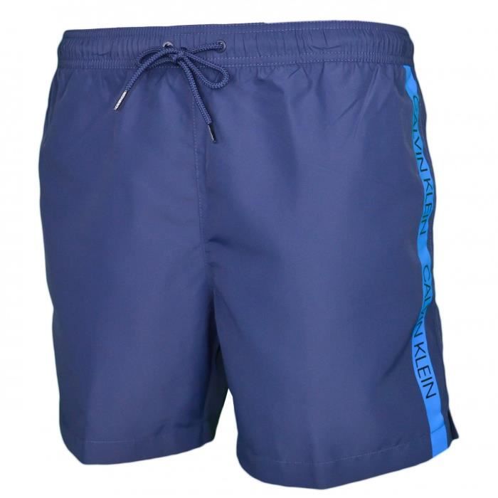 Short de bain Calvin Klein bleu marine bande bleu sur le côté pour homme - Couleur: Bleu - Taille: M