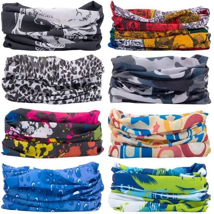 Multifonction Bandana, 8PCS Tour de Cou Bandeau Headwear Cache Cou Casque Echarpe Sport Cheveux pour Yoga Jogging Randonnée Escalade