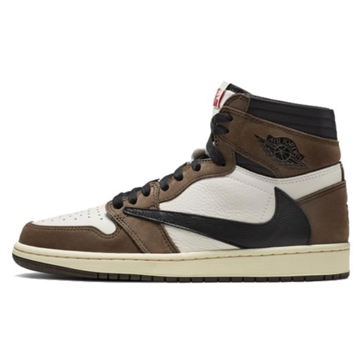 Baskets Travis Scott x Air Jordan 1 High OG Chaussures de Sport pour Homme Femme Marron Blanc Noir