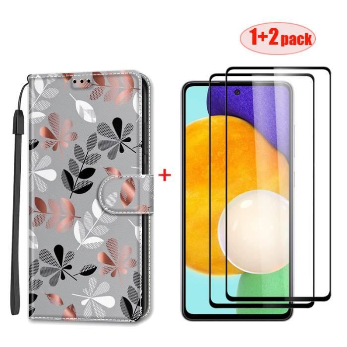 2 × Noir Verre trempé + Pour Samsung Galaxy A53 5G élégant Étui à rabat Housse Magnétique Flip PU Cuir Pochette Fleur grise GAN