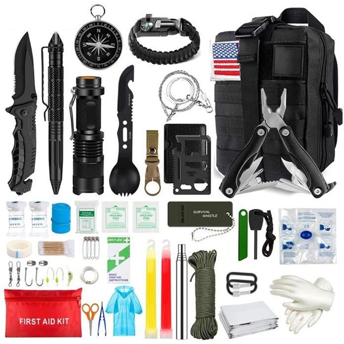 Survival Kit 33 en 1 Kits de survie d'urgence en plein air outil multifonctions Outil de survie pour randonnée (sac noir)