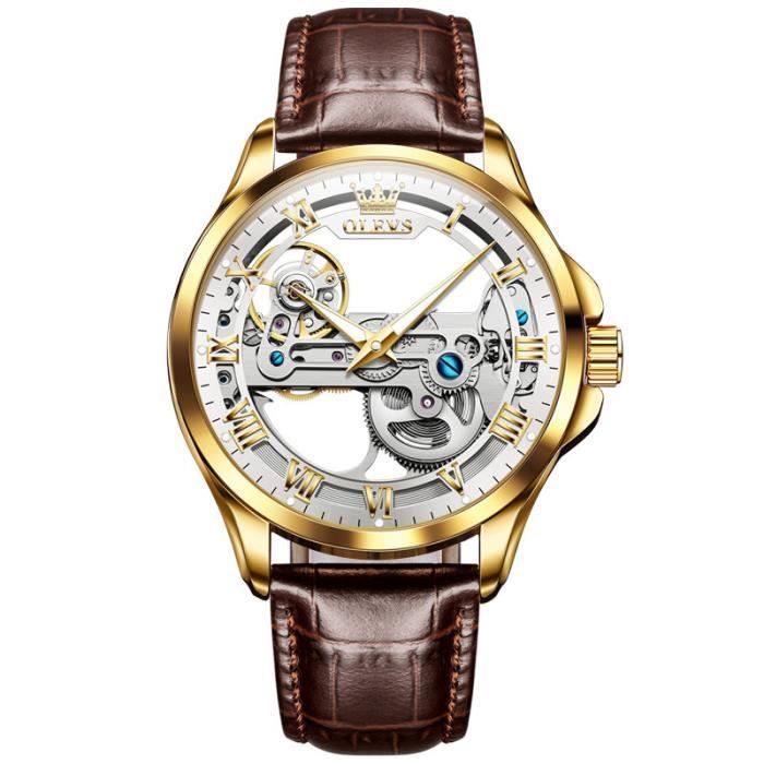 Montre homme de marque de luxe écanique automatique cadran squelette transparent bracelet en cuir étanche sport marron classique