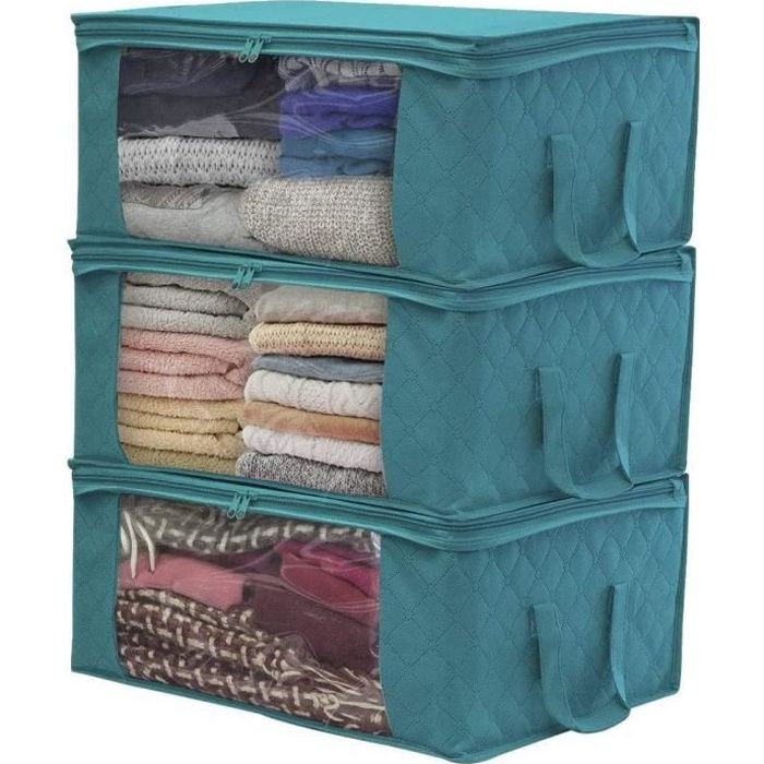 3PCS Housse De Rangement Boite De Rangement sous Lit pour Édredons Couvertures Oreillers Jouets Vestes Vêtements BLEU