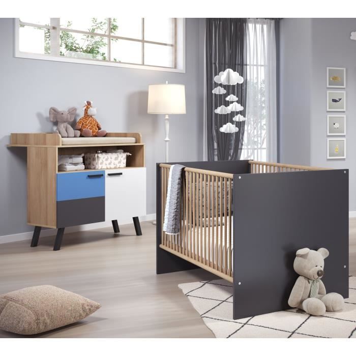 Chambre bébé duo MATS COLOR personnalisable - Lit 70x140 cm + Commode à langer 2 portes - Décor anthracite et blanc mat - TRENDTEAM