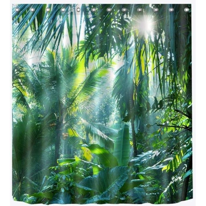 Rideau de Douche Tropical Jungle Plant Rideaux De Salle De Bains Étanche Anti-Moule Vert Feuilles Motif Polyester Tissu Décor À La M