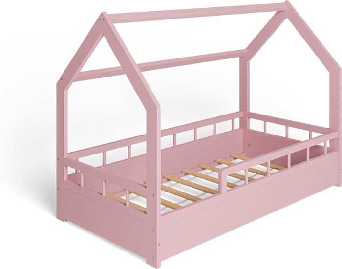 MS FACTORY Lit Enfant Bébé Maison 80x160 cm - Lit en Massif Cabane - Style Scandinave - Rose Demi-barrières