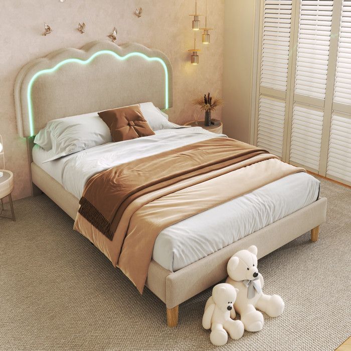 Lit rembourré simple 90x190cm avec LED et tête de lit réglable - sommier à lattes - Beige Lit rembourré simple 90x190cm avec LED et tête de lit réglable - sommier à lattes - Beige