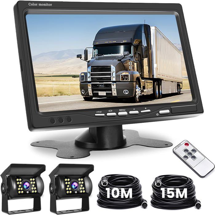 Hikity Caméra De Recul Sans Fil 7" Kit Campeur Avec 2 Caméras Arrière Divisées Avec Vision Nocturne IP67 étanche+Enregistrement Vidéo Pour Camions, Remorques Bus Voitures Camping-Cars Vans 12V-24V