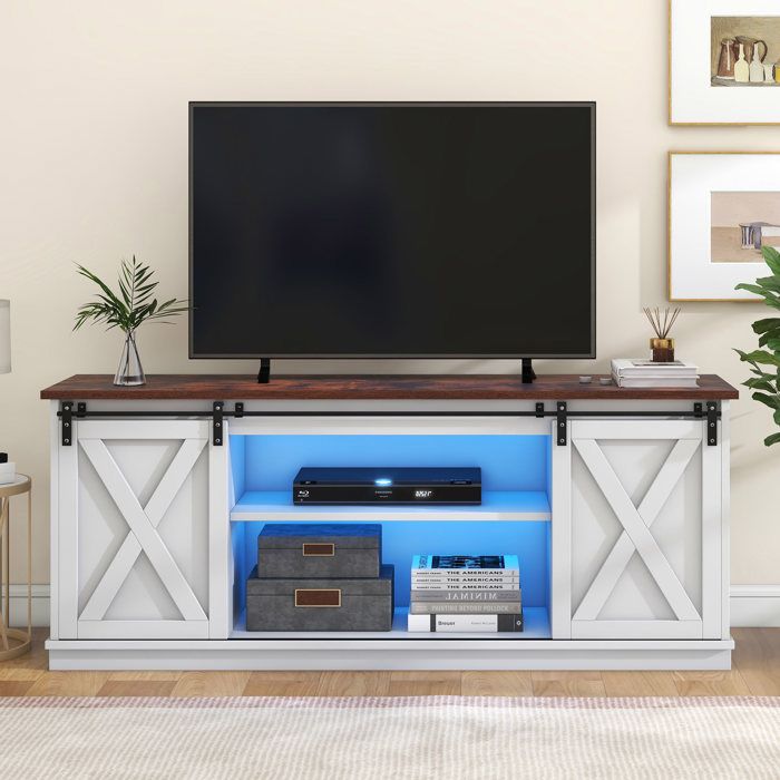 Meuble TV BTM Style Rustique - 150x40x78 Cm, 2 Portes Coulissantes, étagères Réglables - Support TV Jusqu'à 65" - 6