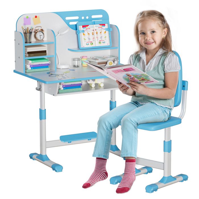 Bureau détude pour enfants avec chaises - avec étagères et rangement - Support de lecture - Bleu