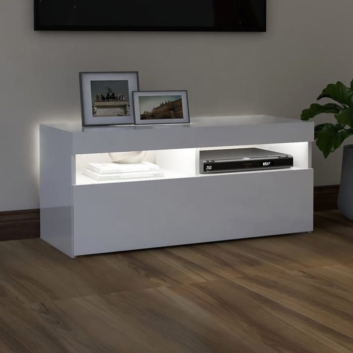 Meuble TV - Banc TV - Table TV - avec lumières LED - Blanc brillant - 90x35x40 cm - T3