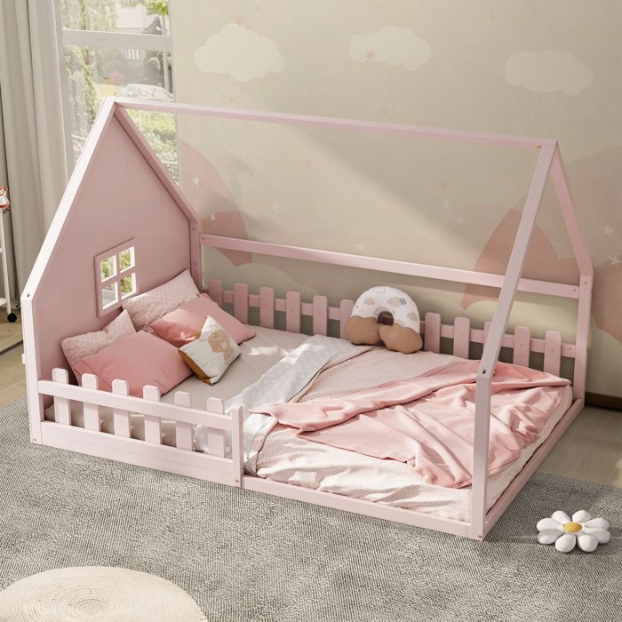 Lit cabane enfant 140x200cm lit bébé au sol lit double avec barrière antichute pin avec sommier à lattes rose