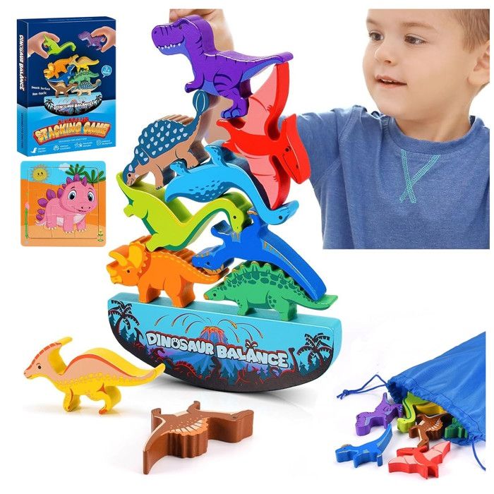 Jouet éducatif Montessori en bois avec puzzle dinosaure et sac de rangement pour garçons et filles à partir de 3 ans