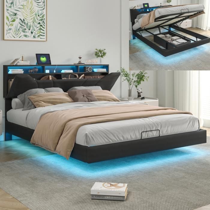 Lit coffre 160x200cm Avec lumière LED et chargeur USB，Tête de lit réglable，Lit double avec espace de rangement，Noir