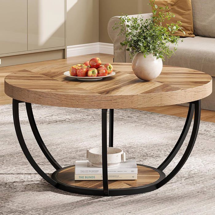 Table Basse Ronde Dw Table basse ronde de cocktail industrielle moderne à 2 niveaux avec ...