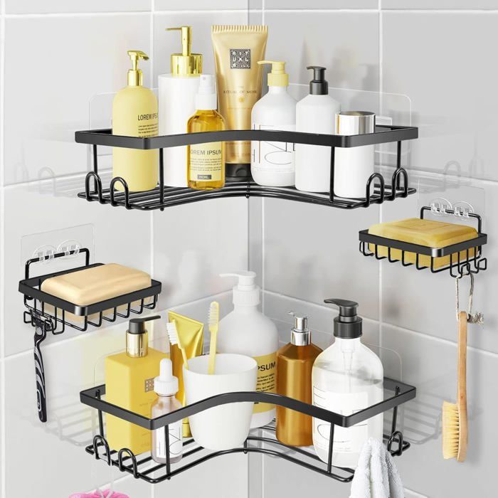 2 Pièces Etagere Douche Sans Percage Avec,Étagère Salle De Bain Avec Porte Savon Et Crochets