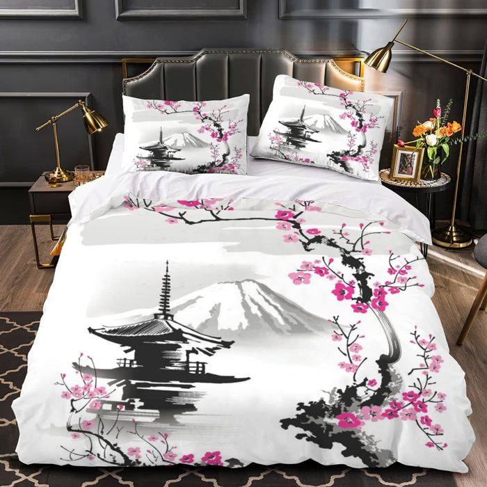 Parure de lit au Motif Fleurs Cerisier 3 Pièces 200x200 cm Housse de Couette Japonais Microfibre Fermeture Éclair 2 Taies