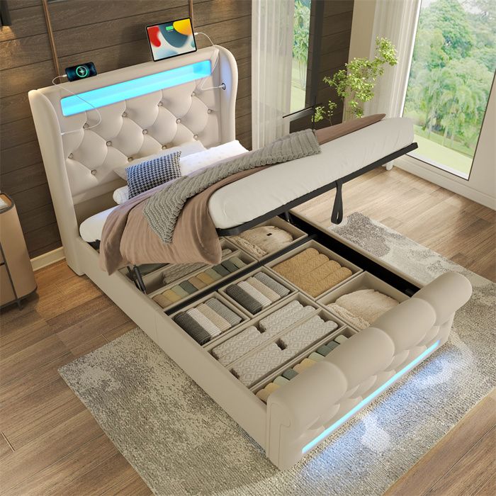 Lit 1 Place avec LED Lit Coffre 90x200 avec Ports USB et Type-CLit Simple Rangement Adulte Ado Garcon FilleVelours Beige Clair