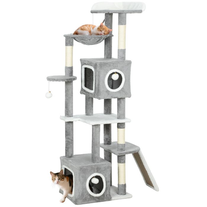 Meilleurs prix pour Arbre à chat - tour de jeux pour chats - PawHut - griffoir et poteaux en sisal  2 niches plateformes - hauteur 165 cm - gris