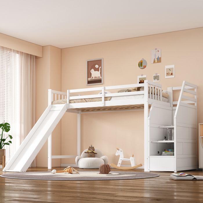 Lit mezzanine 90 x 200 cm lit enfant lit superposé en bois massif lit coffre avec toboggan et échelle de rangement blanc