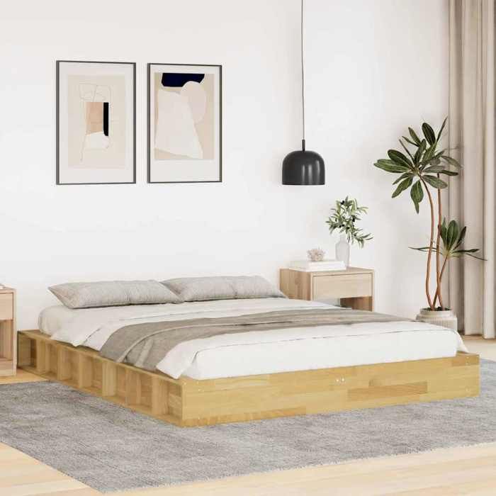 Structure de lit en bois massif - UU - 140x190 cm - Bois de chêne massif - 193x158x21 cm - Sommier à lattes