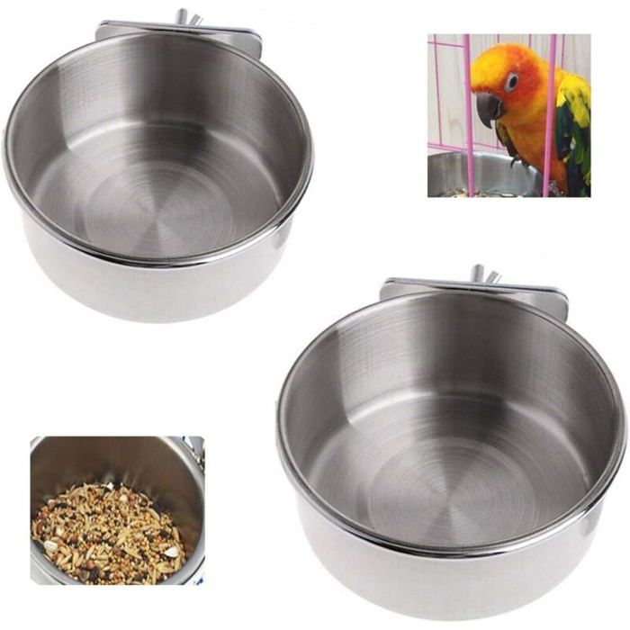 Mangeoire pour oiseaux en acier inoxydable - MICH - Bol fixe - Cage suspendue - 2 pièces - Argent - 10x4 5 cm - 12x5 cm