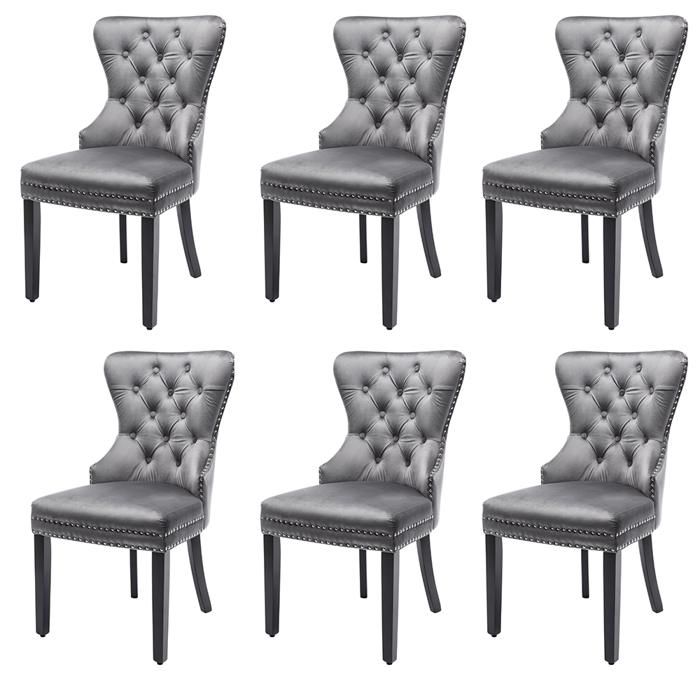 Lot de 6 Chaise Capitonnée en Velours Gris - Style Classique Design - Pieds en Bois Massif - Salle à Manger Salon