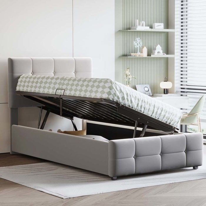 Lit coffre - 90 x 200 cm - Tissu velours gris - Rangement hydraulique - Tête de lit réglable