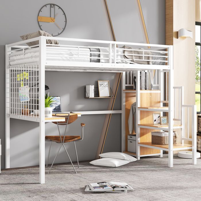 Lit en fer superposé ou mezzanine pour enfants et adolescents avec bureau armoire et échelle latérale espace fonctionnel