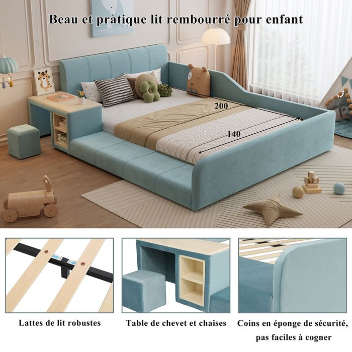 Lit rembourré- lit simple 140x200cm- lit denfant avec bureau denfant- tabouret et lattes en bois- velours- bleu Lit rembourré- lit simple 140x200cm- lit denfant avec bureau denfant- tabouret et lattes en bois- velours- bleu
