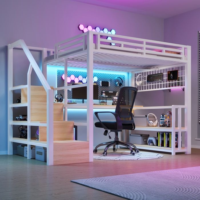 Lit mezzanine 90 x 200 cm avec étagères de rangement bande lumineuse LED bureau 2 ports USB et 1 port Type-C blanc.