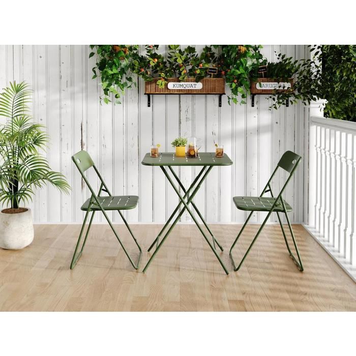 Ensemble bistro - KOMHTOM - 3 pièces (2 chaises + table) - Pliant - Revêtement anti-rouille - Résistant intempéries