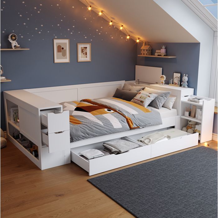 Lit enfant blanc 140 × 190 avec rangements latéraux tiroir et table de chevet sans matelas
