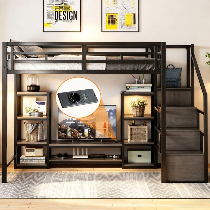 Lit mezzanine 140 x 200 cm avec meuble TV lit enfant avec espace de rangement sommier adulte avec lattes noir