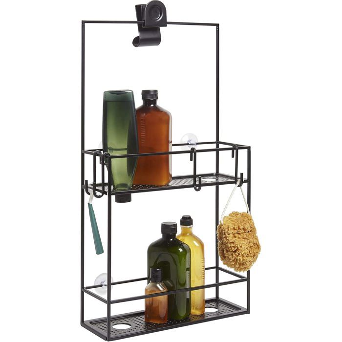 Serviteur de douche antirouille - SWAPY - Métal noir antirouille - Dimensions 305x603x108 cm - 2 étagères perforées