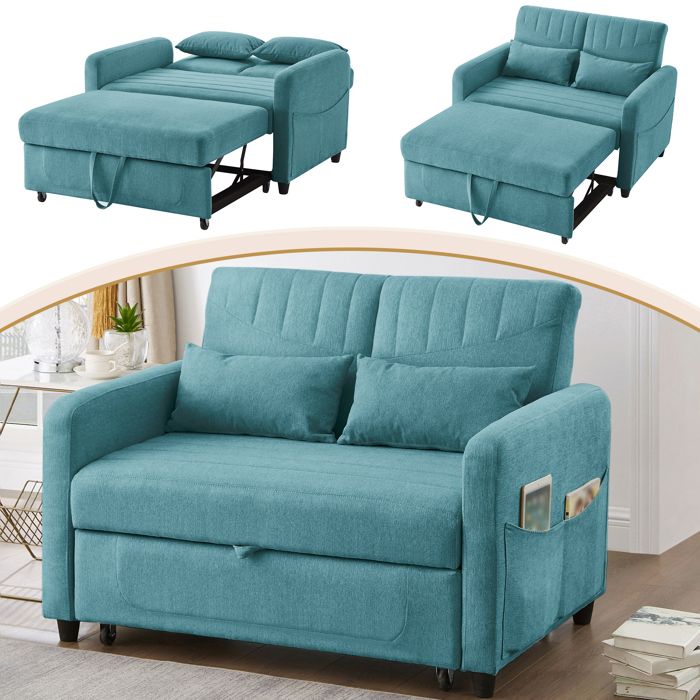 Canape Lit 2 Places Convertible - Fauteuil-lit avec 2 Coussin - Chaise Longue - Coussin - Réglable - Rangement - Roues - Bleu